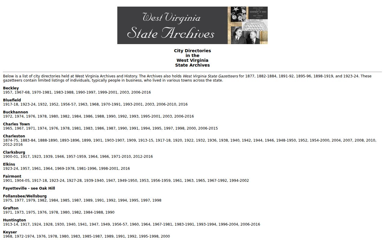 West Virginia former owners research with State Archives city-directory year holdings