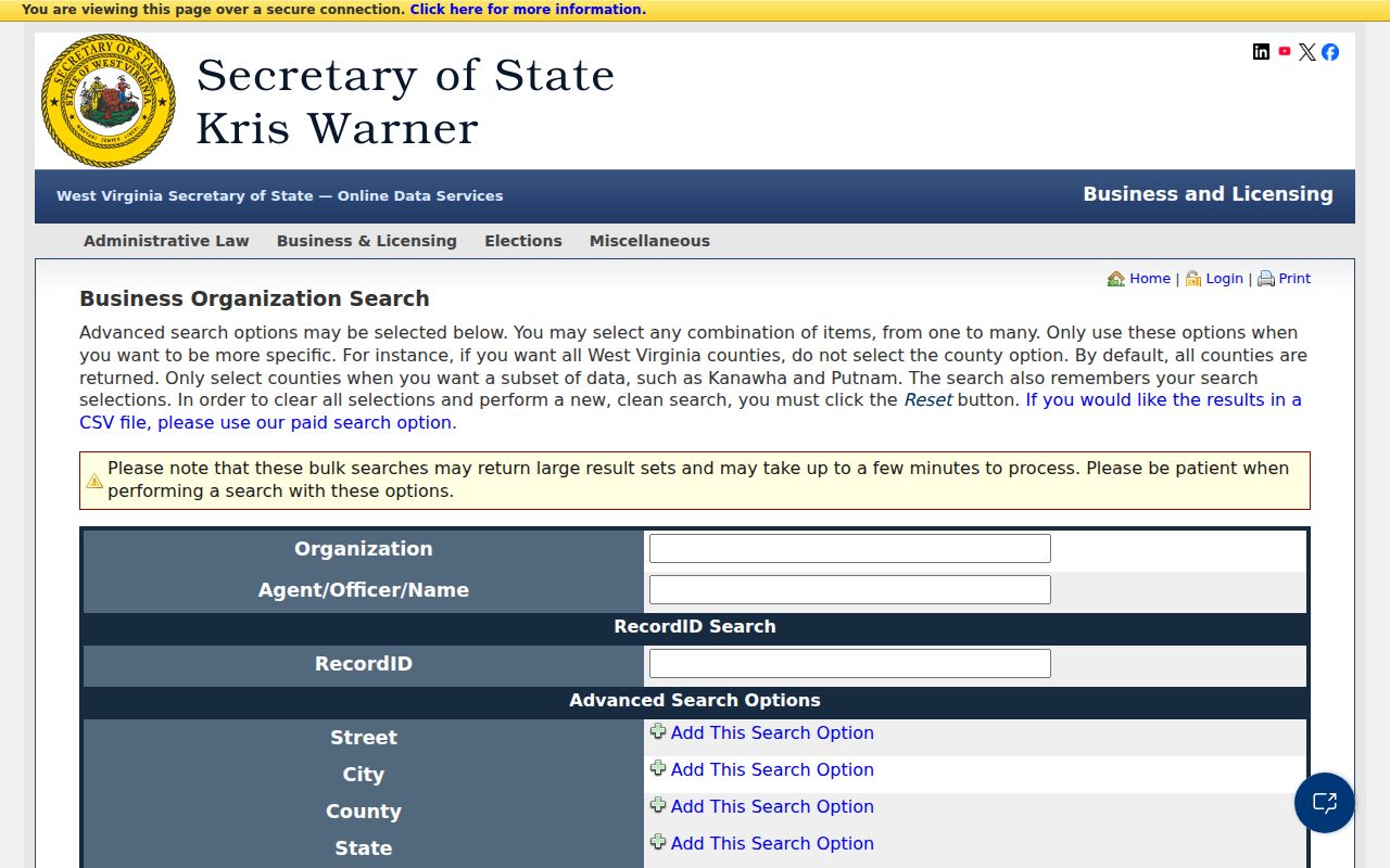 West Virginia property owner lookup using Secretary of State business search filters