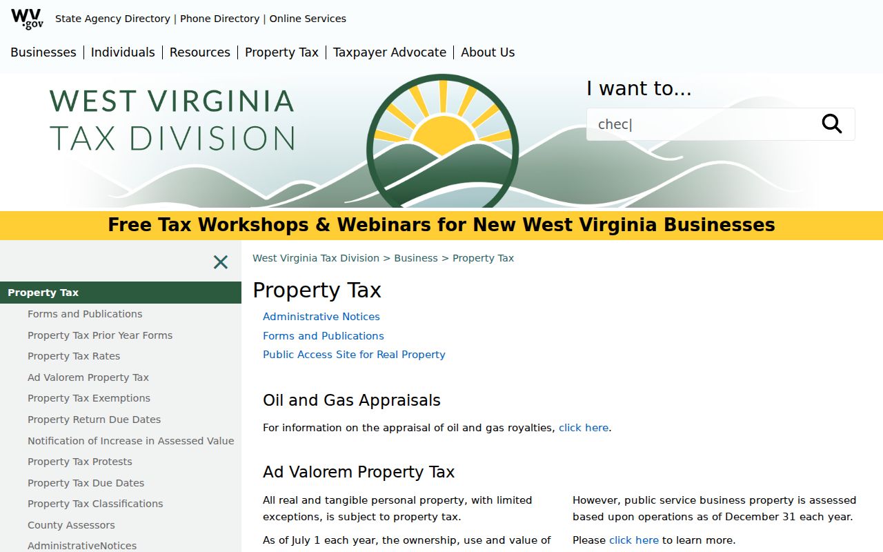 West Virginia property tax records page showing the July assessment date and February review period