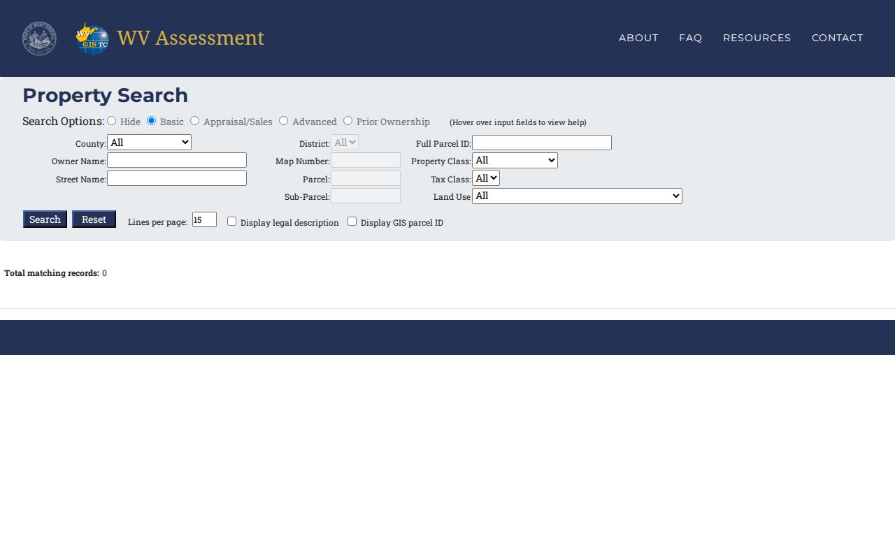 West Virginia property search IAS interface with county, owner, parcel, and street fields