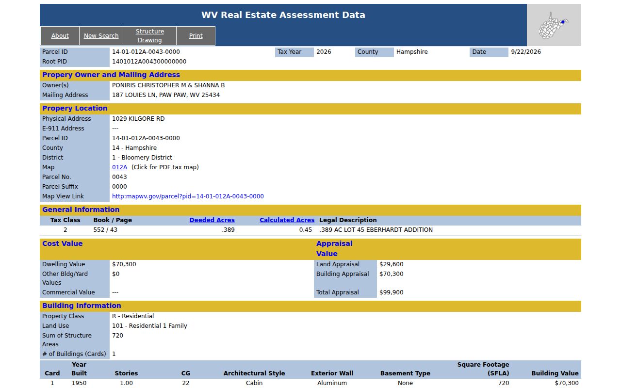 West Virginia property value assessment detail with land, building, total appraisal, and sales history fields