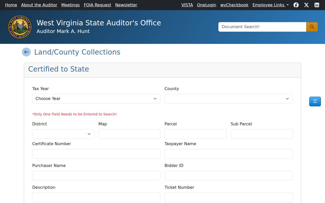 West Virginia property records search fields for certified-to-state and deputy land commissioner records
