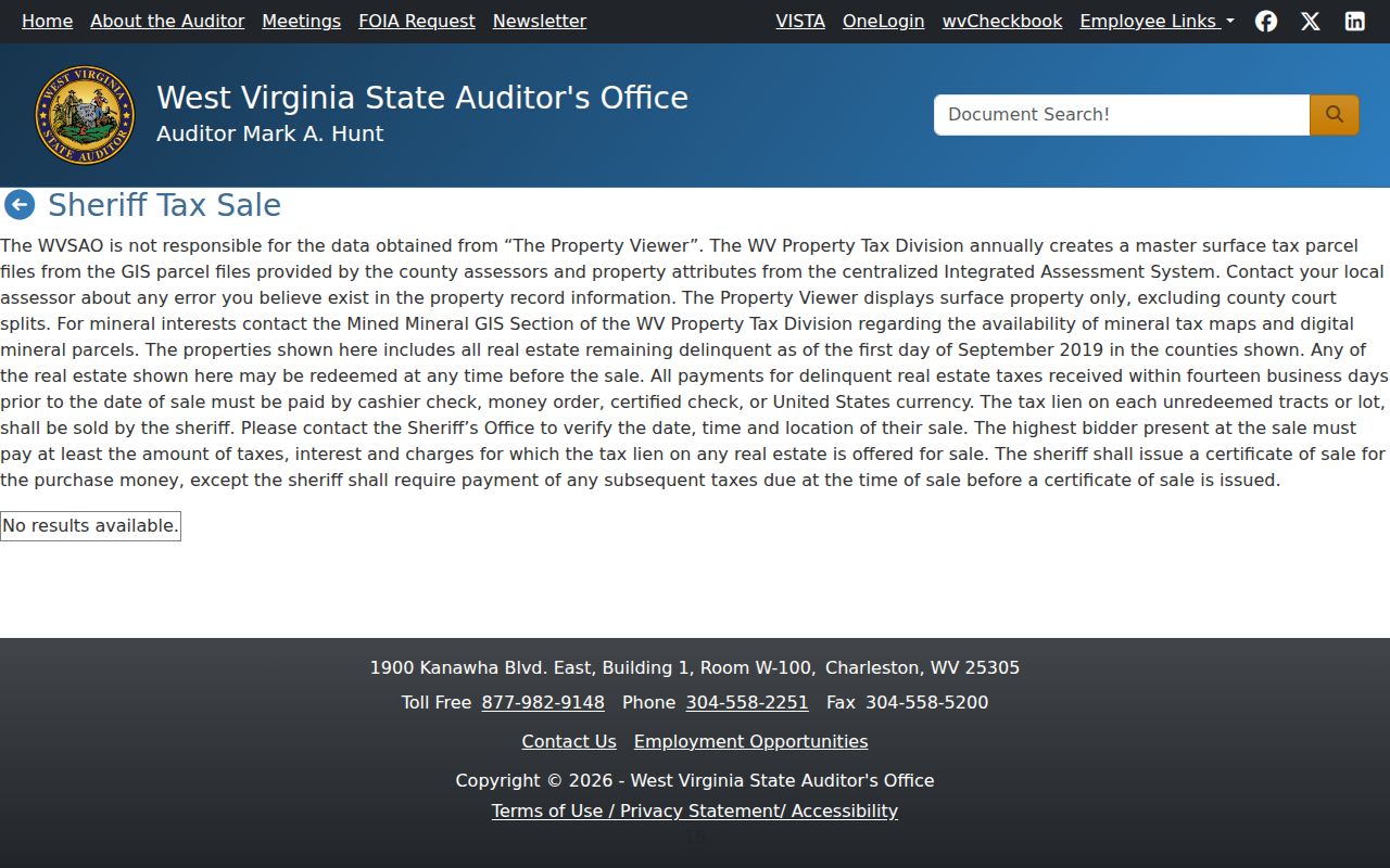 West Virginia property tax records page showing sheriff tax sale rules and redemption cautions